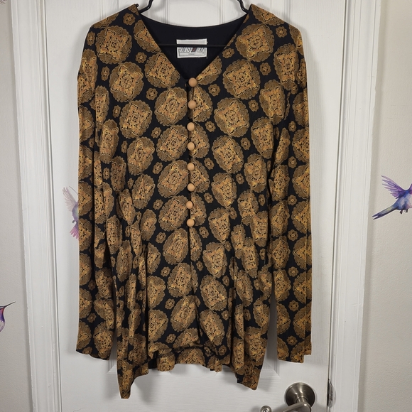 MSXY Tops - Vintage MSXY Gold Tapestry Blouse Black Metallic Geometric Circle Print Top L
